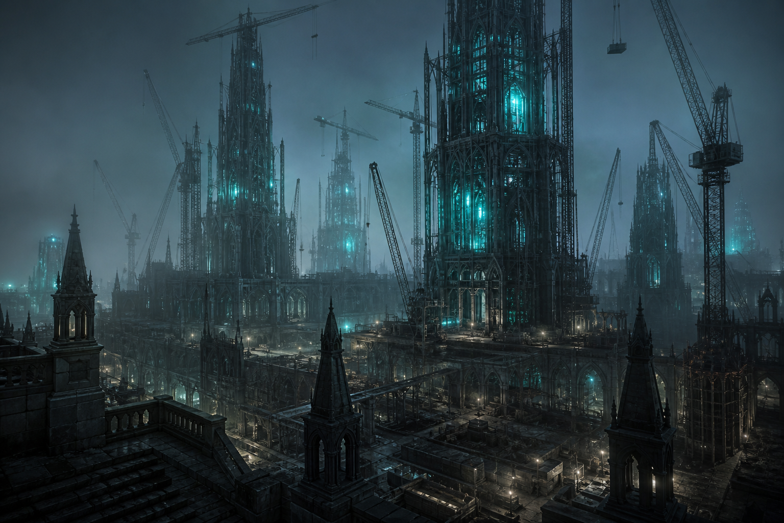 Unfinished gothic-machine vaults and cranes rising faster than street-level stone, night fog, teal cores.
