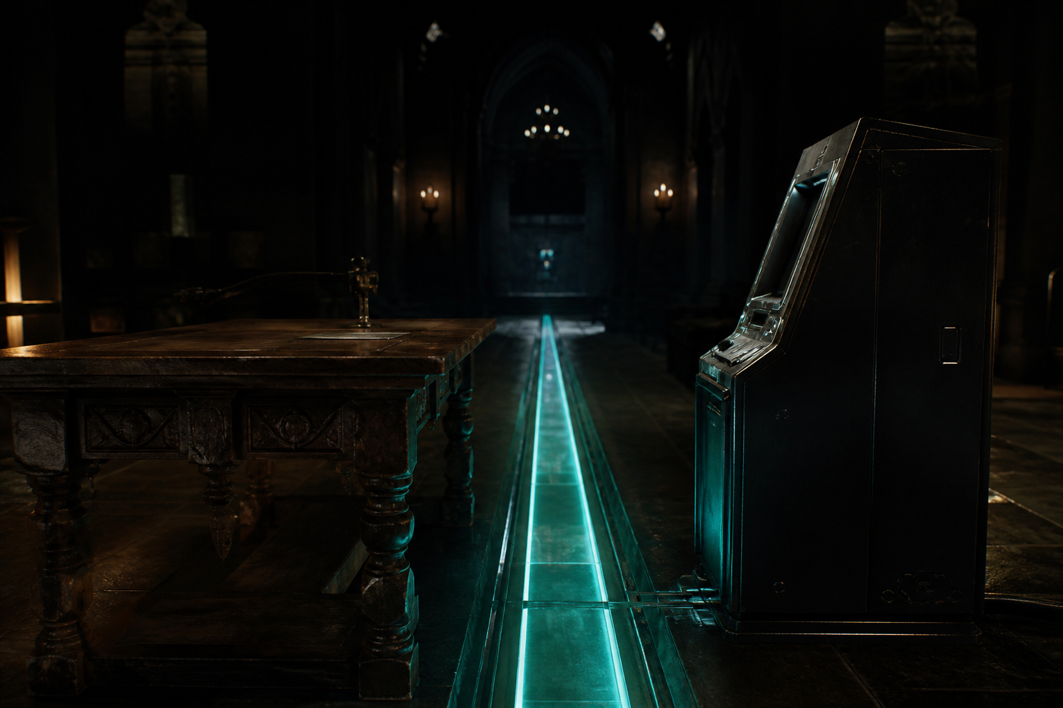 An oak table and a machine terminal facing each other across a teal payment rail in a dark hall.