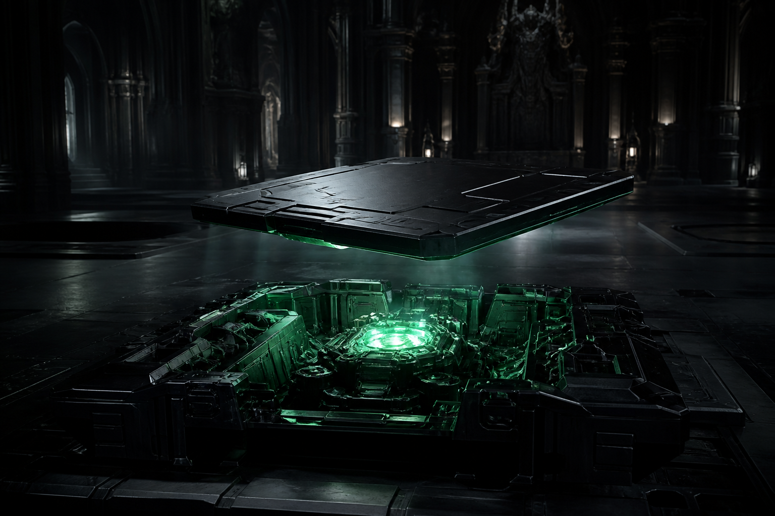 A loan tablet of dark metal hovering over a faceless alloy chassis with a viridian core, no human present.