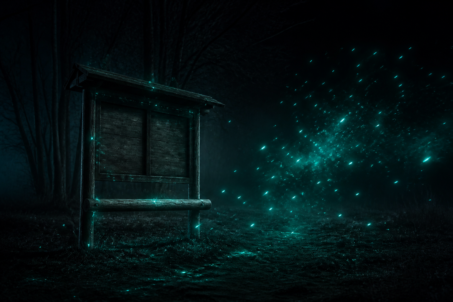 Teal event sparks leaving a dark contract like fireflies, a fog-empty job board in the background, night.