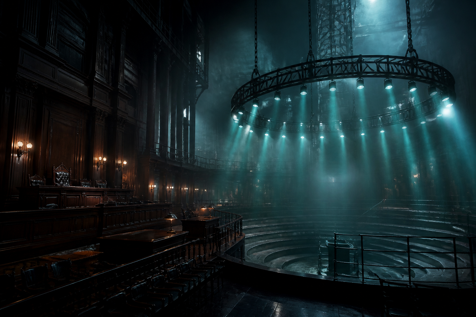 An empty gothic courtroom opposite a descending ring of teal auction light in a dark industrial nave.