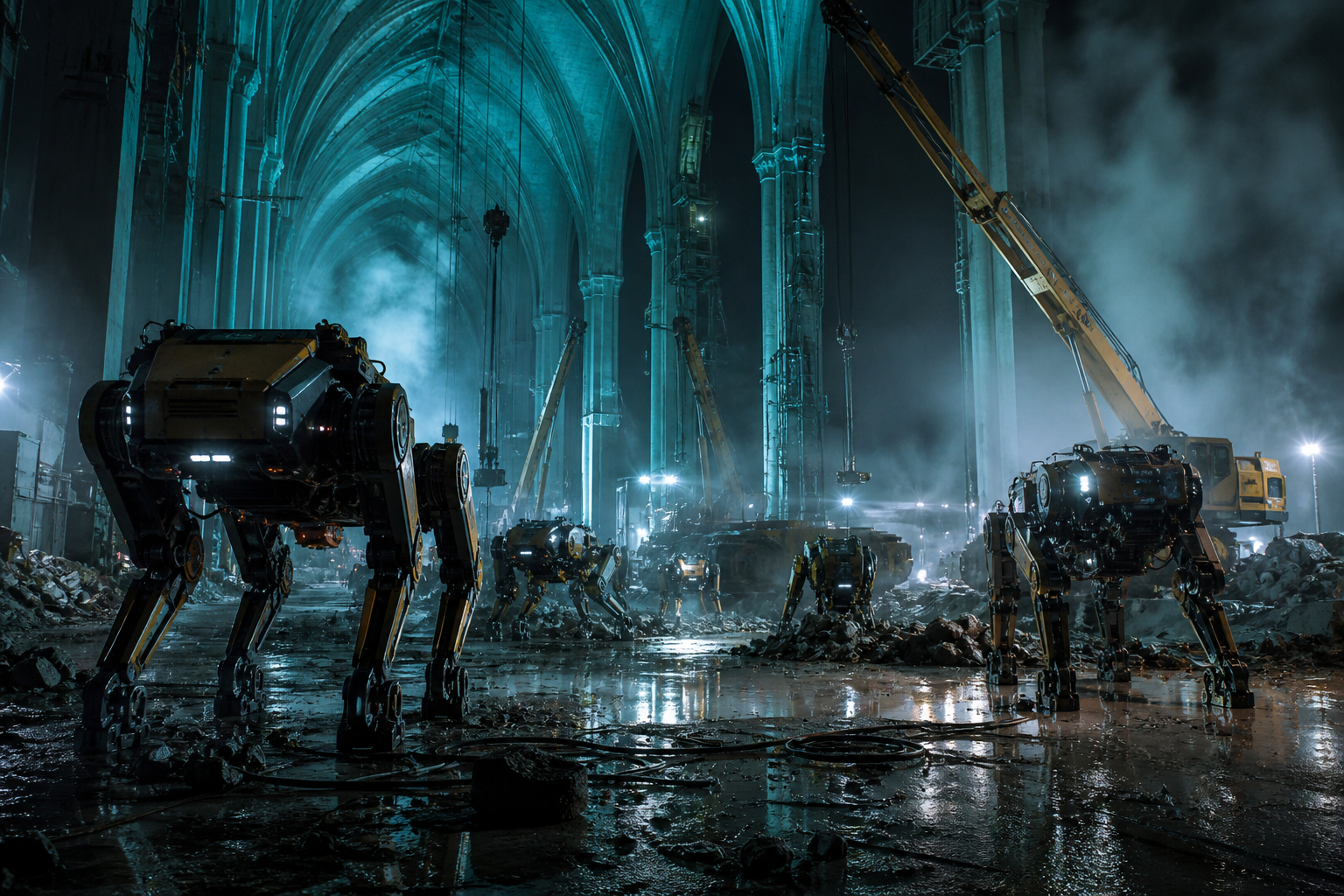 A night construction swarm of faceless quadruped machines and cranes under teal gothic arches, heavy fog.