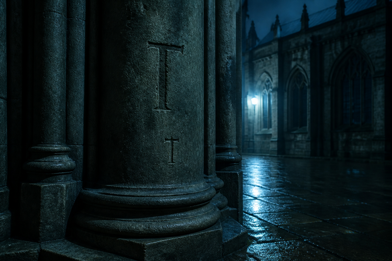 Two carved height marks on a gothic stone column, one human-scale, one machine-scale, teal night lighting.