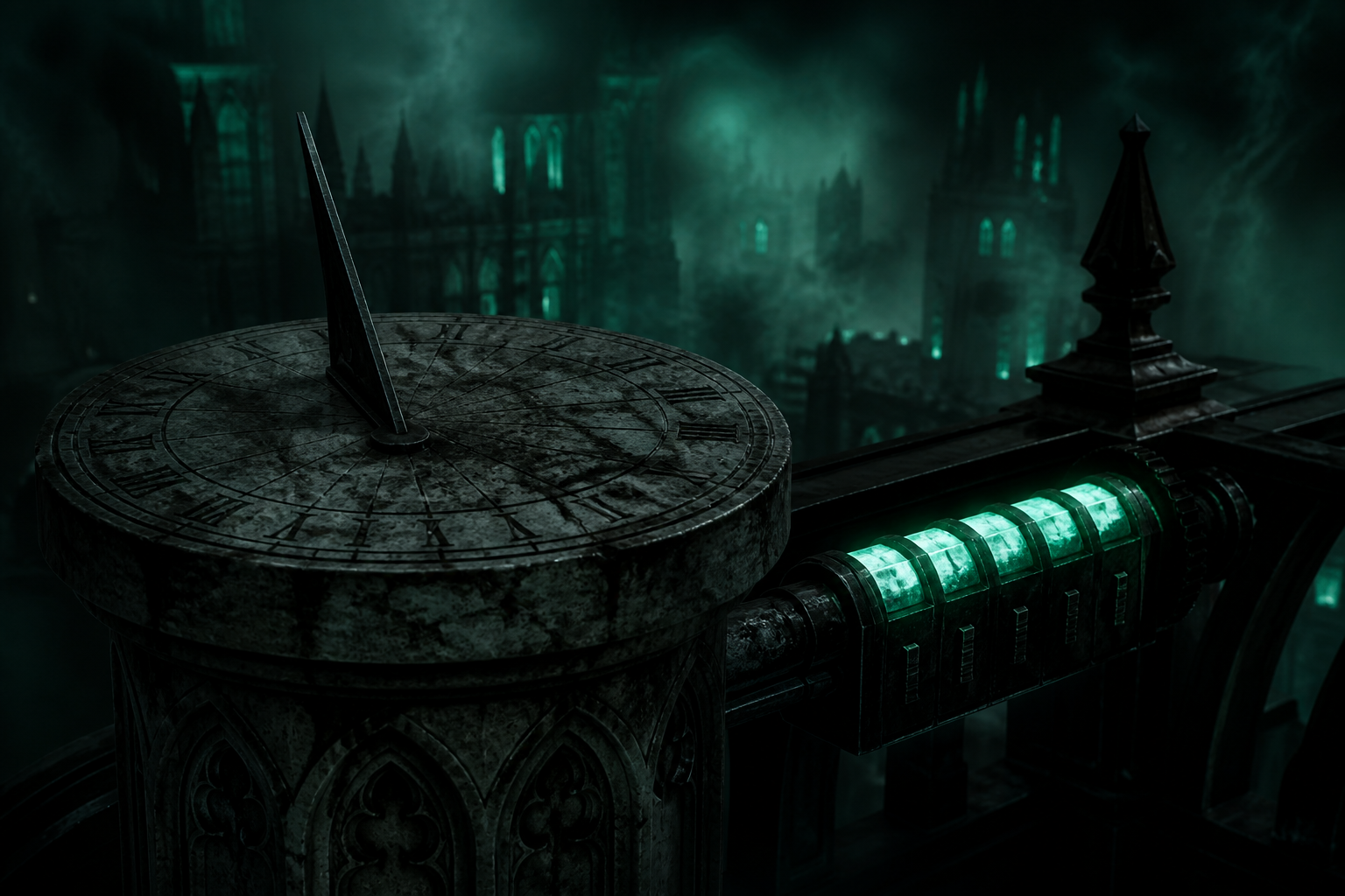 A stone sundial beside a glowing teal block-height counter.