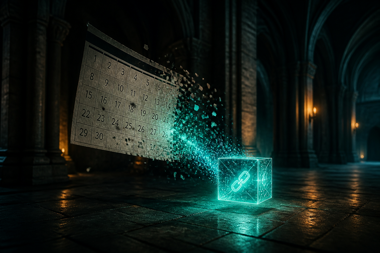 A thirty-day calendar page dissolving into a single glowing teal block in a dark stone hall.