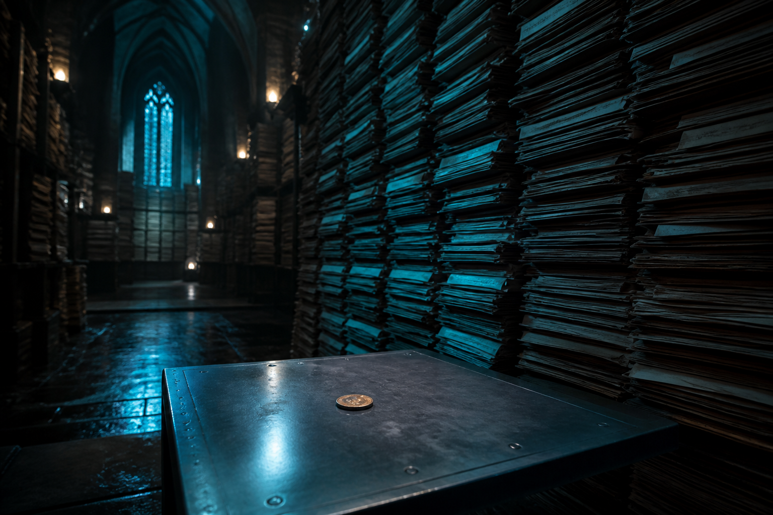 A single coin on a steel plate opposite a wall of paper files in a dark gothic archive.