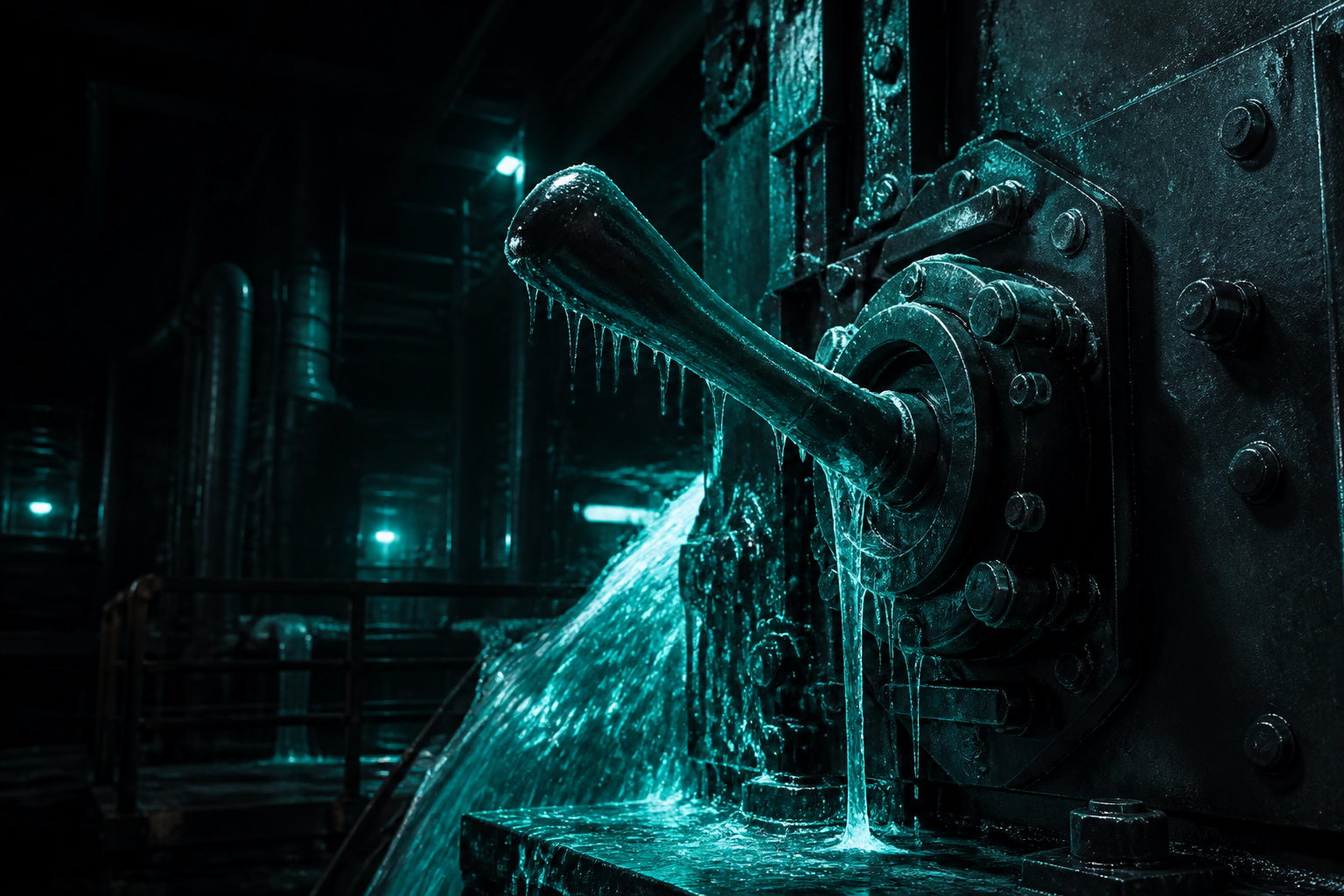 A massive industrial brake lever on a dark protocol machine, teal light frozen mid-flow, night.