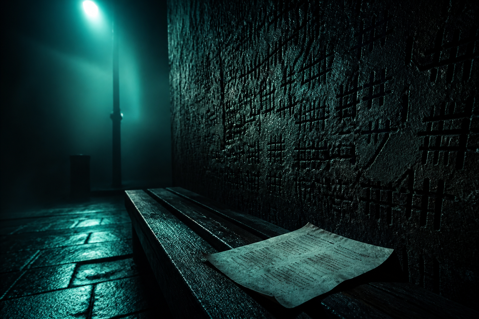 A dark wall of hash-like glyphs opposite a faded paper résumé on a stone bench, teal light, no faces.