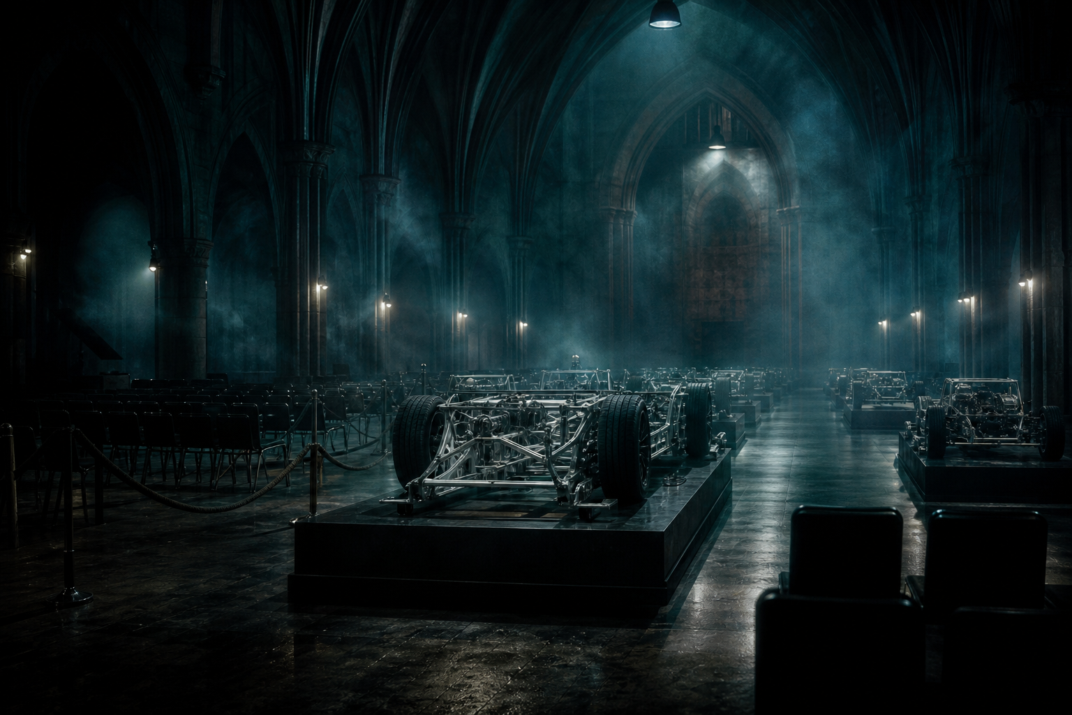 A dark auction hall of empty alloy chassis changing hands under teal gothic vaults.
