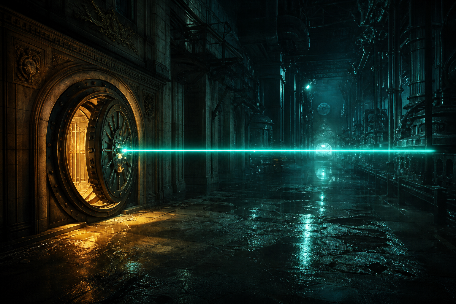 A teal rail of light between a bank vault and a machine hall.