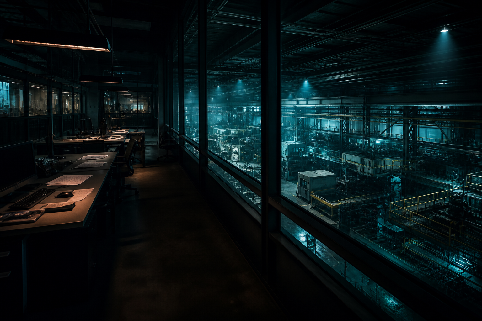 A dark mezzanine of empty desks overlooking a teal-lit machine factory floor, no faces.