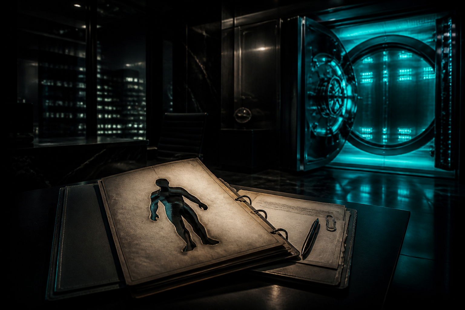 An open insurance dossier with an empty body-shaped void beside a glowing TBA vault, dark office at night.