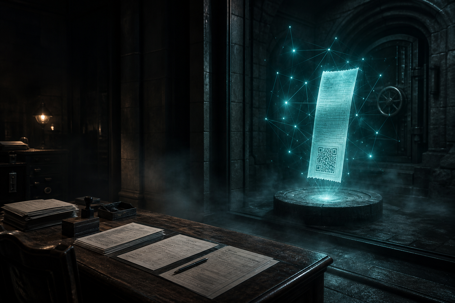 An empty wooden tax desk at night beside a glowing on-chain receipt in a dark vault.