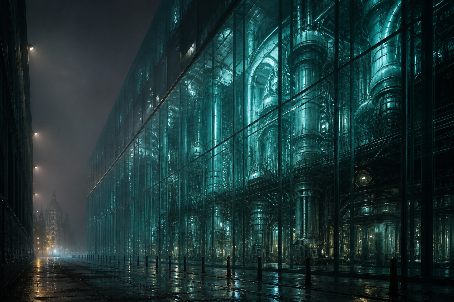 A glass office facade at night wrapping a machine cathedral glowing teal inside.