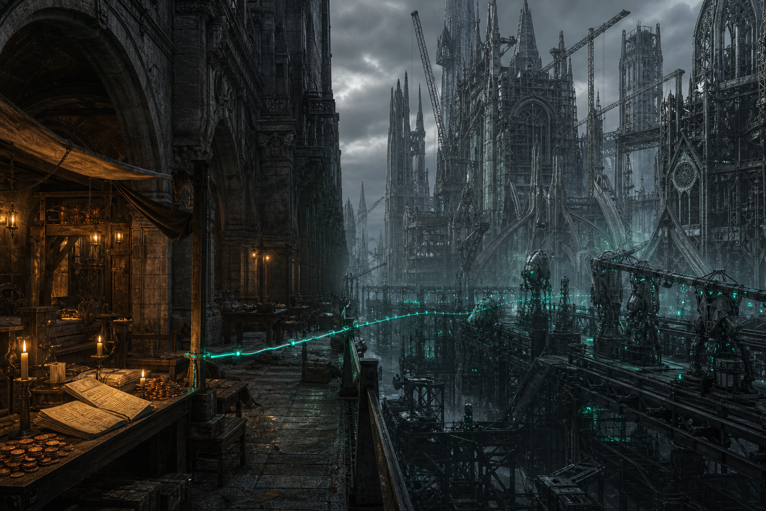 Warm human-scale market architecture beside a viridian machine city.